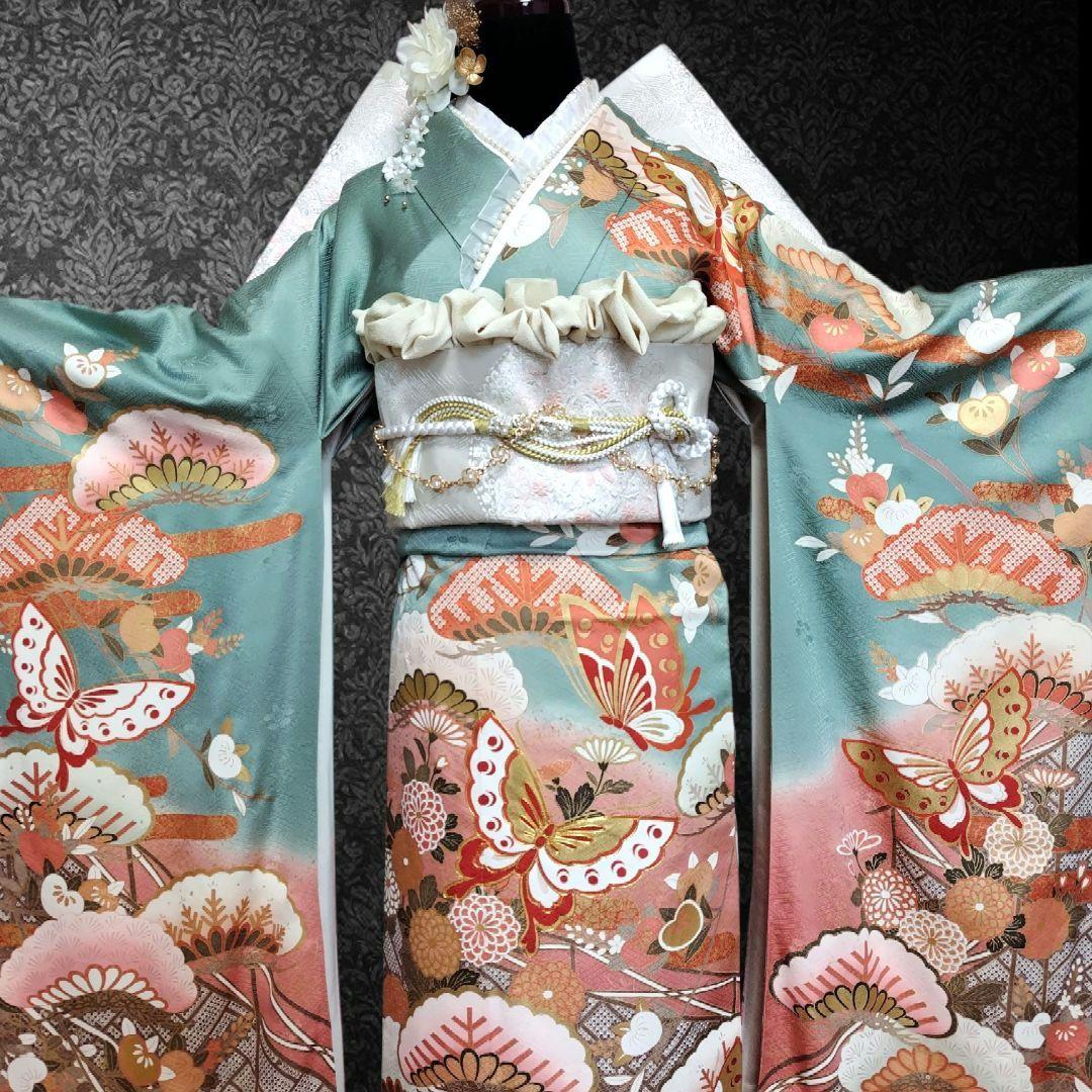 振袖フルセット(8点)・成人式・古典柄・金彩加工・くすみ・金駒刺繍・逸品