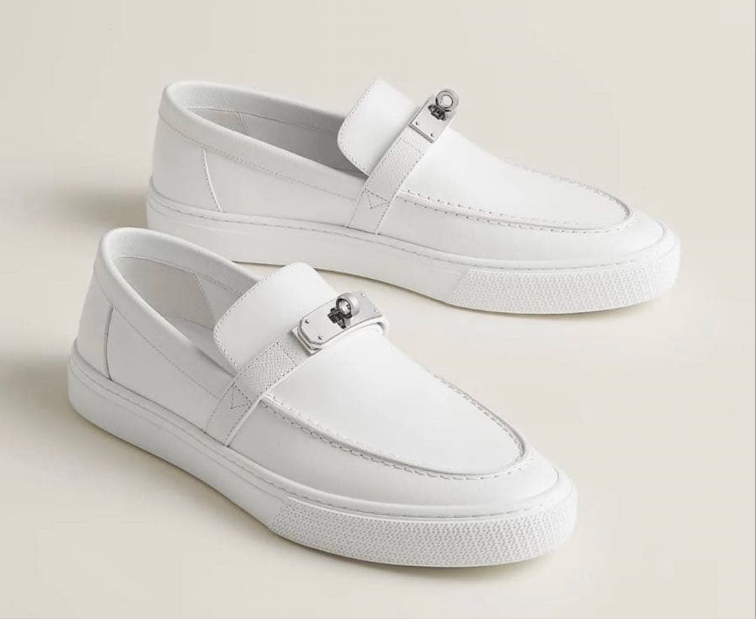 36.5 HERMES ホワイトレザー ローファー モカシン　ケリー　金具