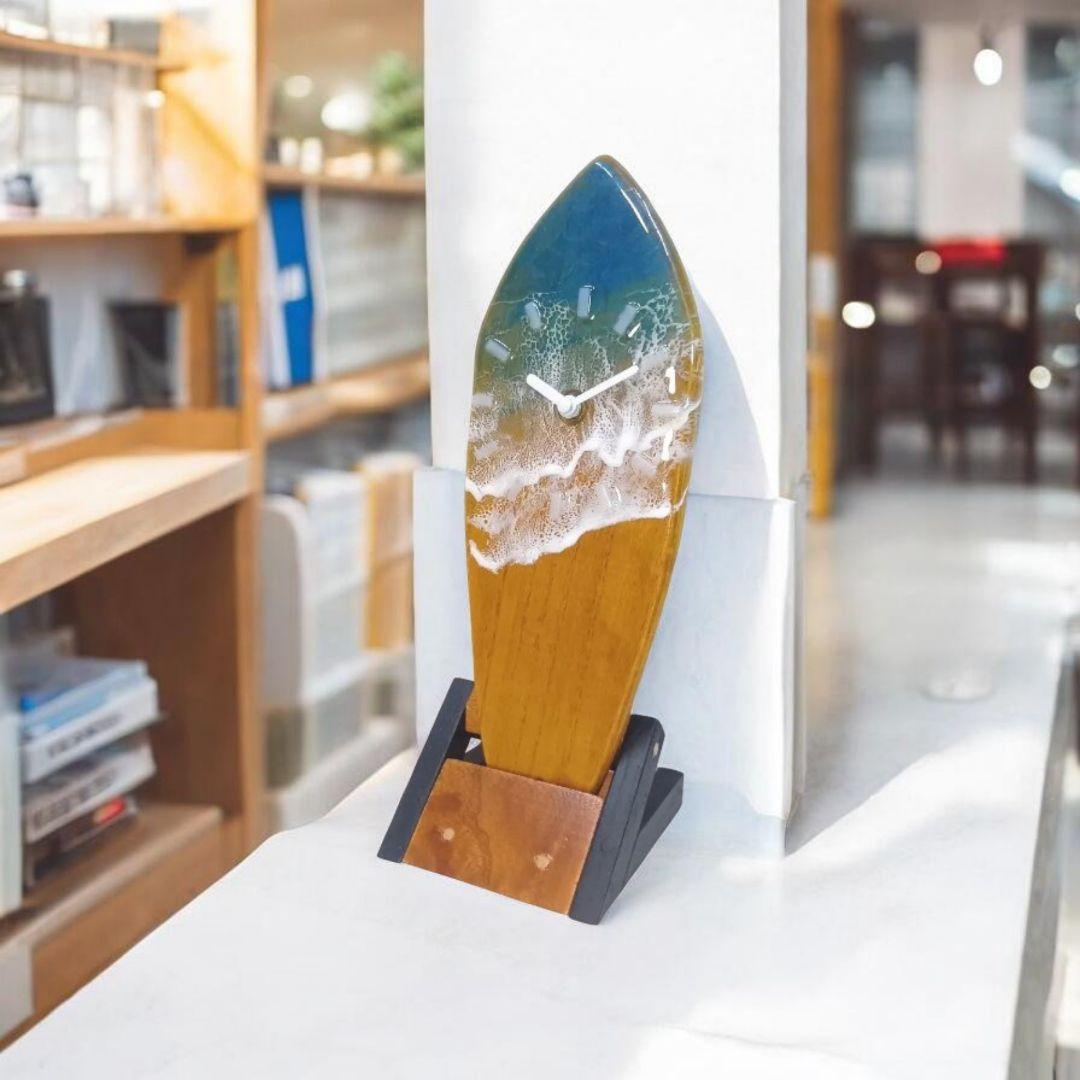 【1105】オーシャンアート　ウッドレジン　サーフボード　時計　インテリア雑貨