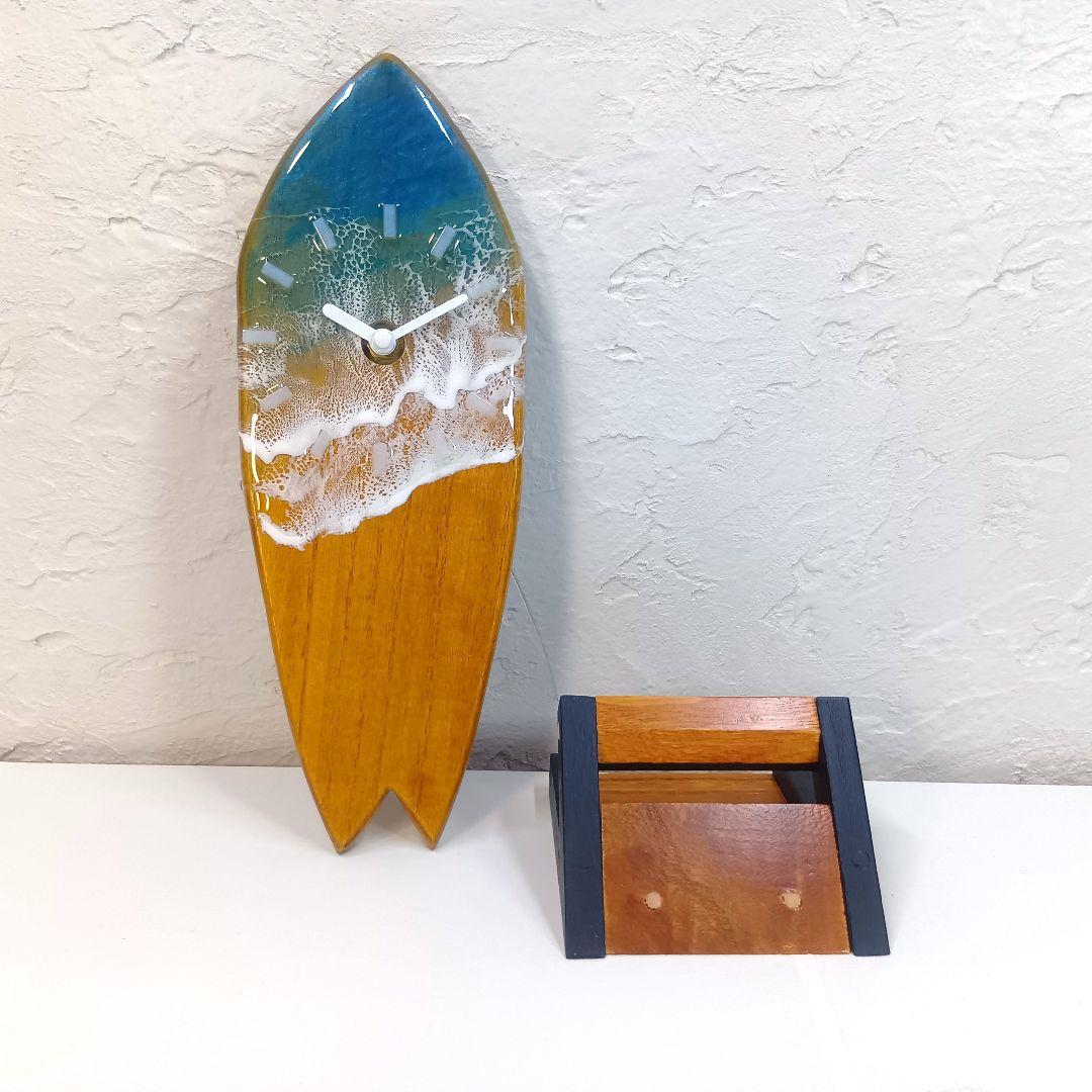 【1105】オーシャンアート　ウッドレジン　サーフボード　時計　インテリア雑貨
