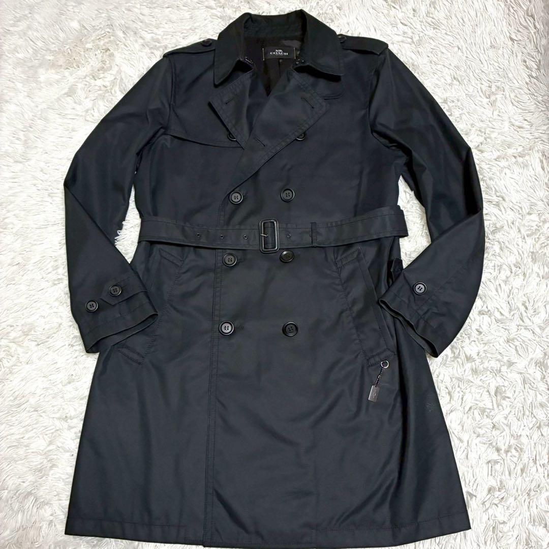 極美品/XL相当　COACH トレンチコート　ロング　ベルト　黒　チャーム　牛革
