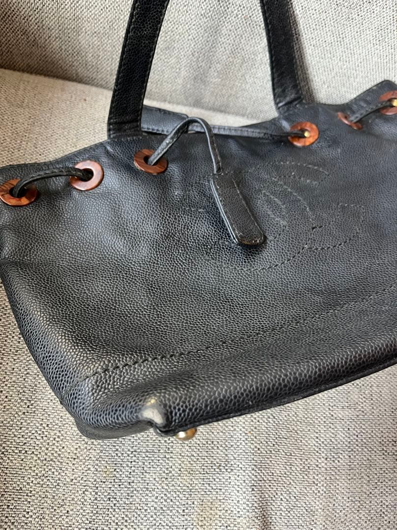 CHANEL ウッド　ショルダー　トートバッグ　キャビアスキン　ブラック