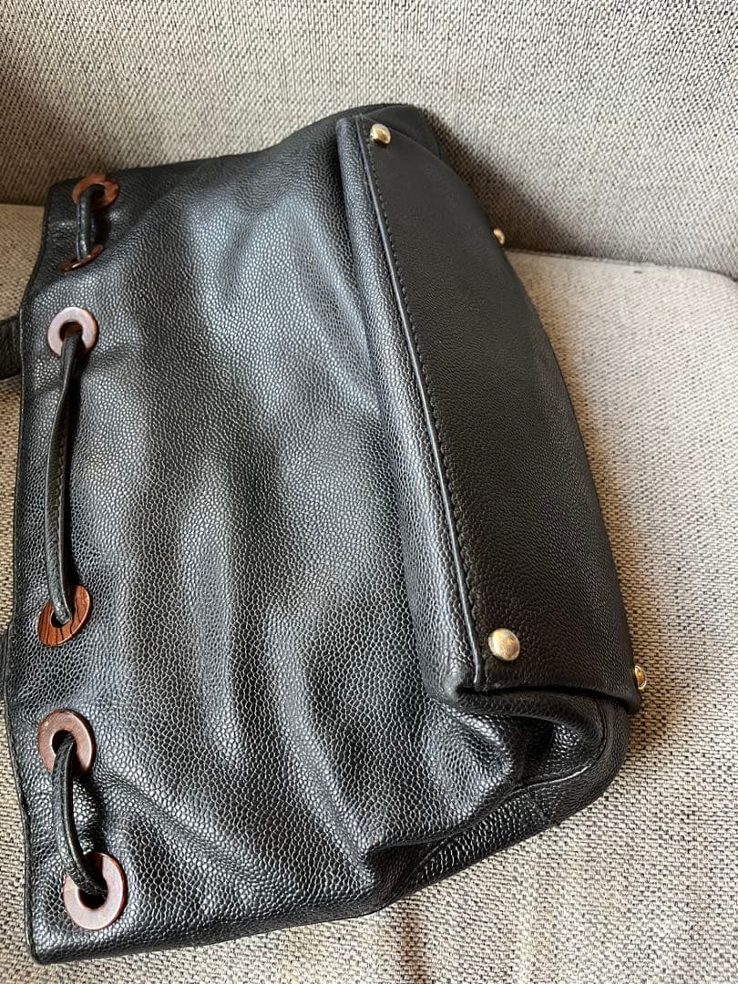 CHANEL ウッド　ショルダー　トートバッグ　キャビアスキン　ブラック