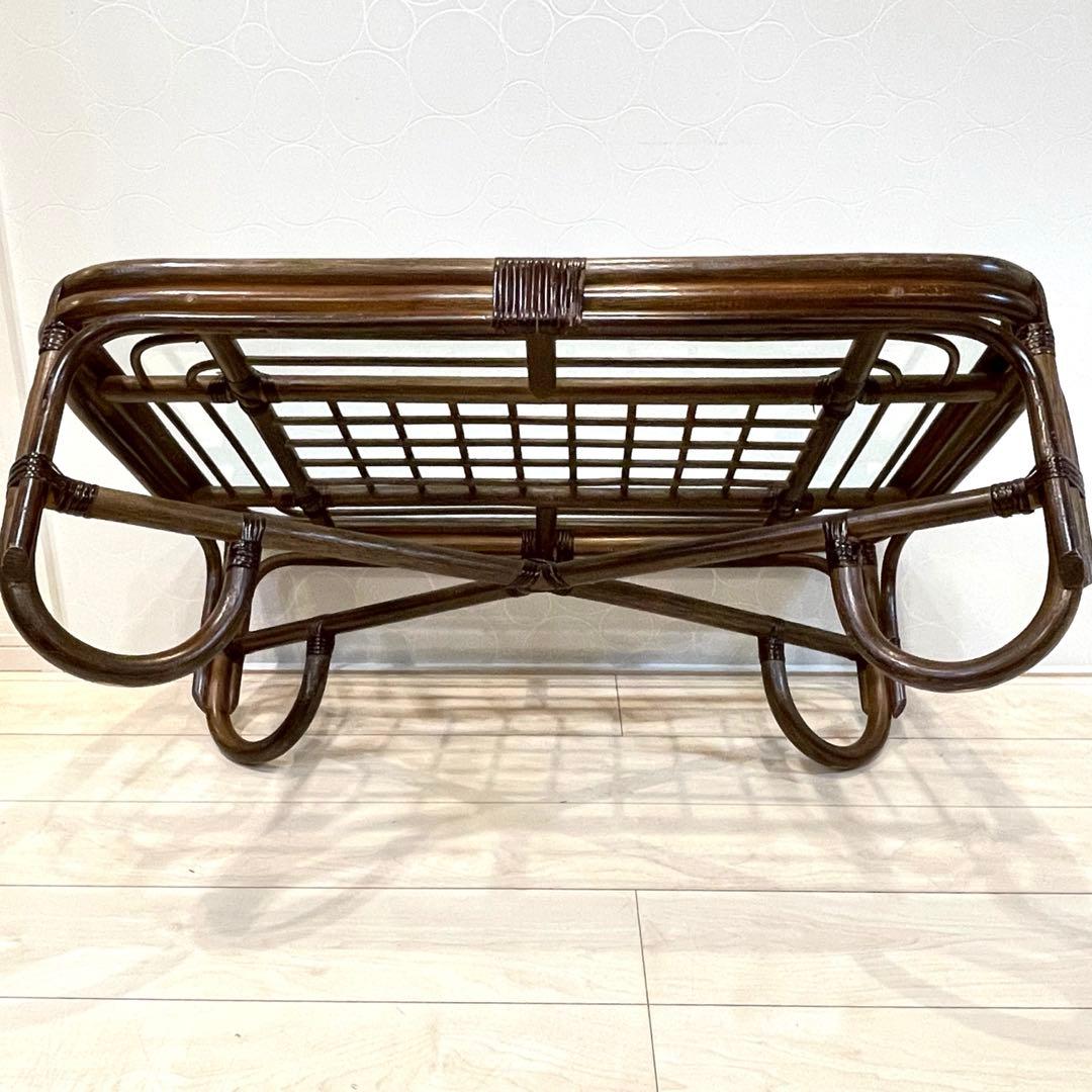 ラタン家具 和モダン 籐 ガラステーブル ローテーブル レトロ　ヴィンテージ