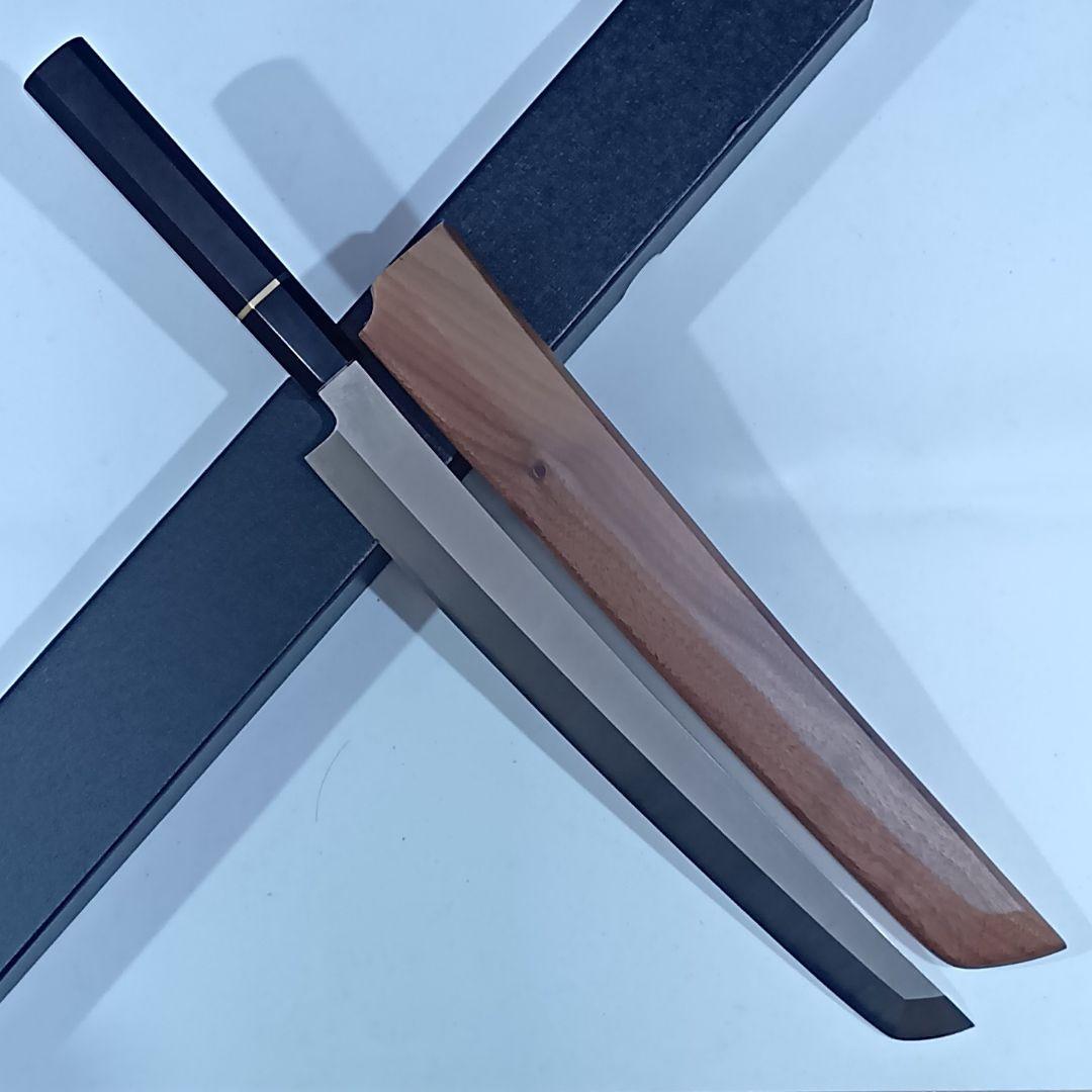 ステン本焼V金10号先丸柳刃包丁30cm黒水牛黒檀八角柄