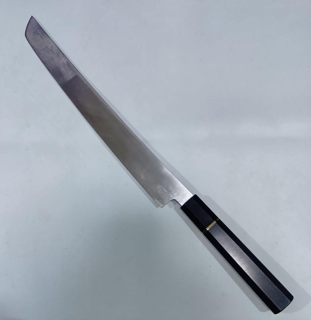 ステン本焼V金10号先丸柳刃包丁30cm黒水牛黒檀八角柄