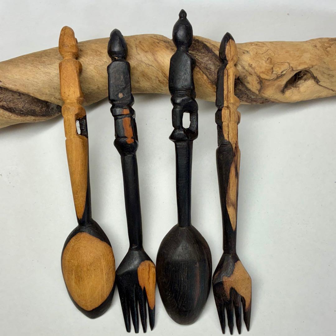 ドゴン族　サハラ砂漠の黒檀スプーン2本フォーク7本セット新品未使用1999年マリ