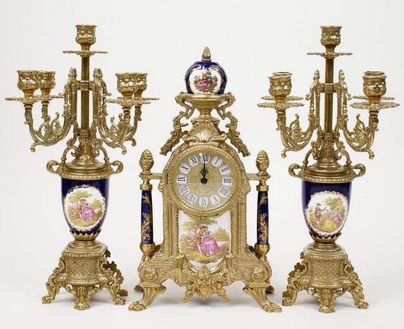 イタリア 時計 キャンドルスタンド 真鍮 磁器 ブルー 425TBG