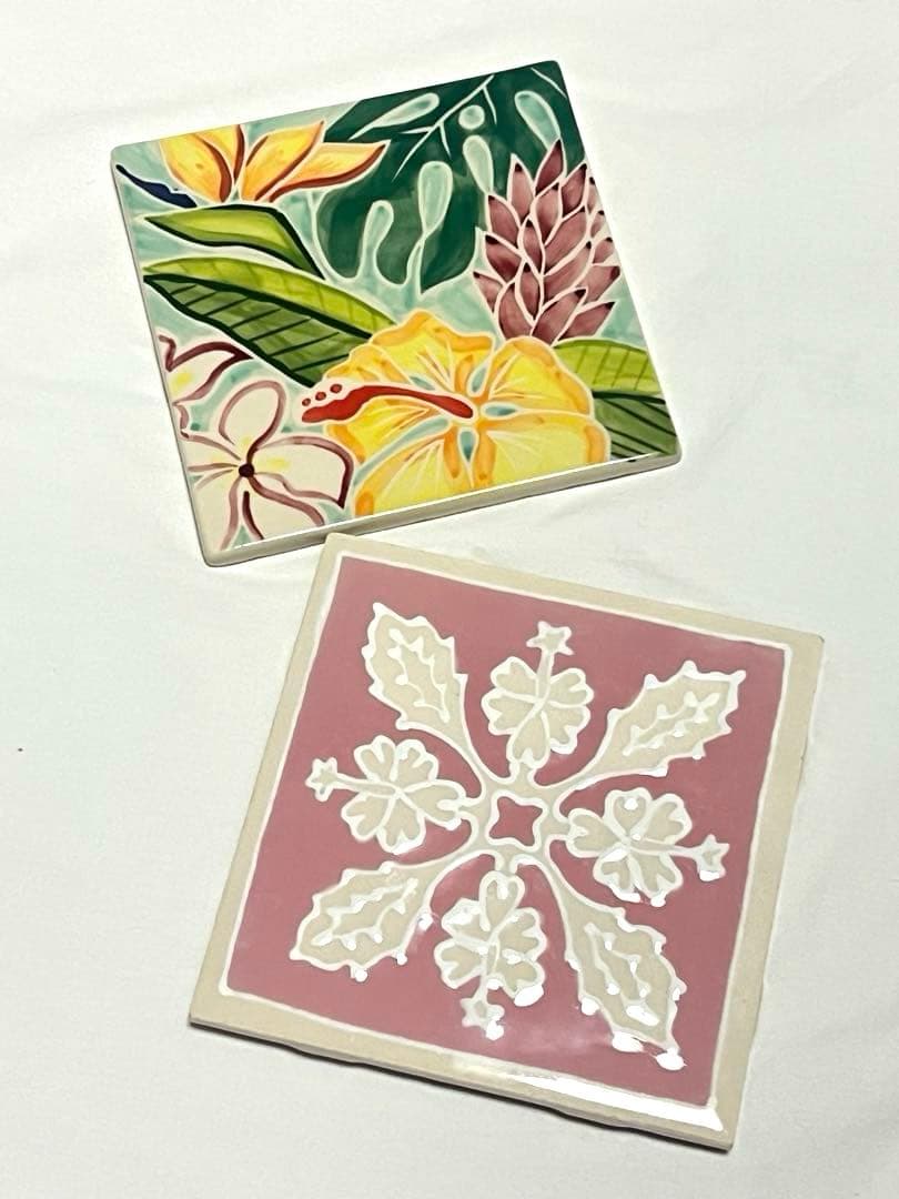 【レア】ハワイアンキルトトロピカル柄 陶器タイル 2枚セットヴィンテージ