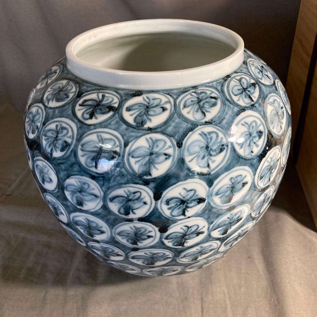 【青木龍山】文化勲章受章　日本芸術院会員　名窯　青木龍山作　染付丸花丸紋　花瓶