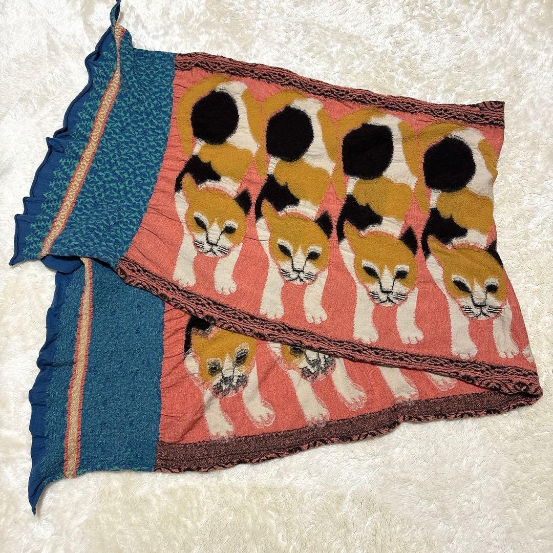 美品 希少 KAPITAL キャピタル 縮絨ウール大判ストール 三毛猫柄