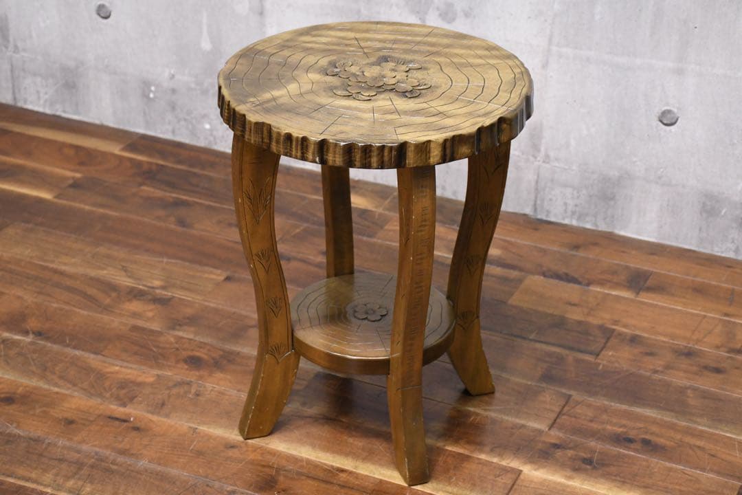 EHK16 伝統工芸 軽井沢彫り サイドテーブル 桜彫刻 細密彫刻 飾り台