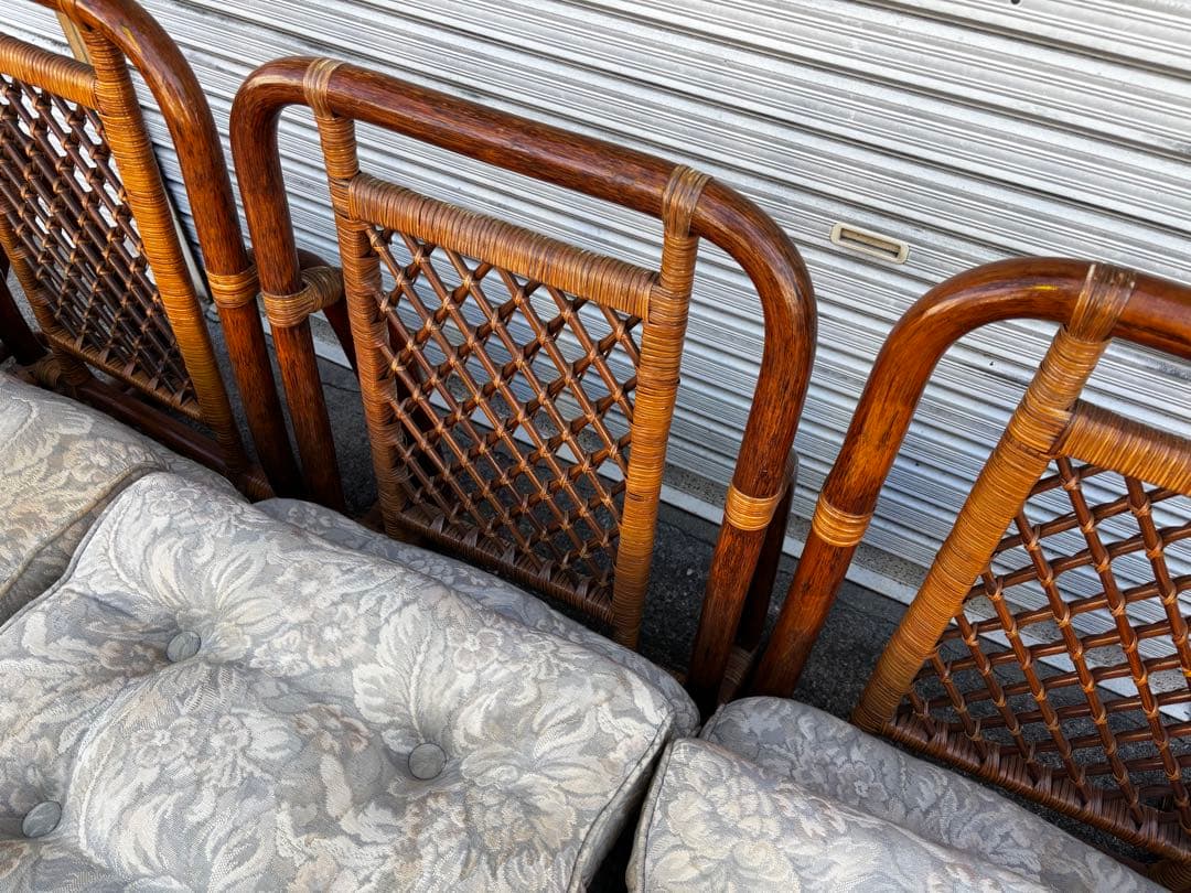 ヴィンテージ　ラタン　ダイニングテーブルセット　ガラステーブル　椅子2脚付き