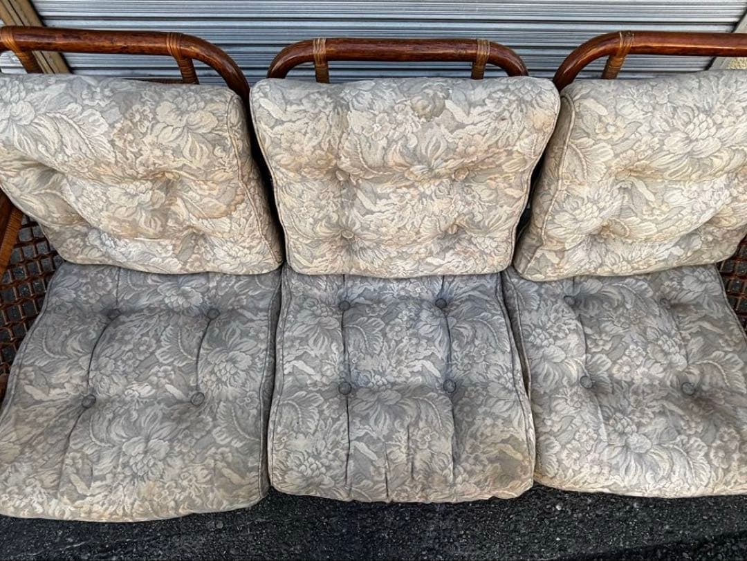 ヴィンテージ　ラタン　ダイニングテーブルセット　ガラステーブル　椅子2脚付き