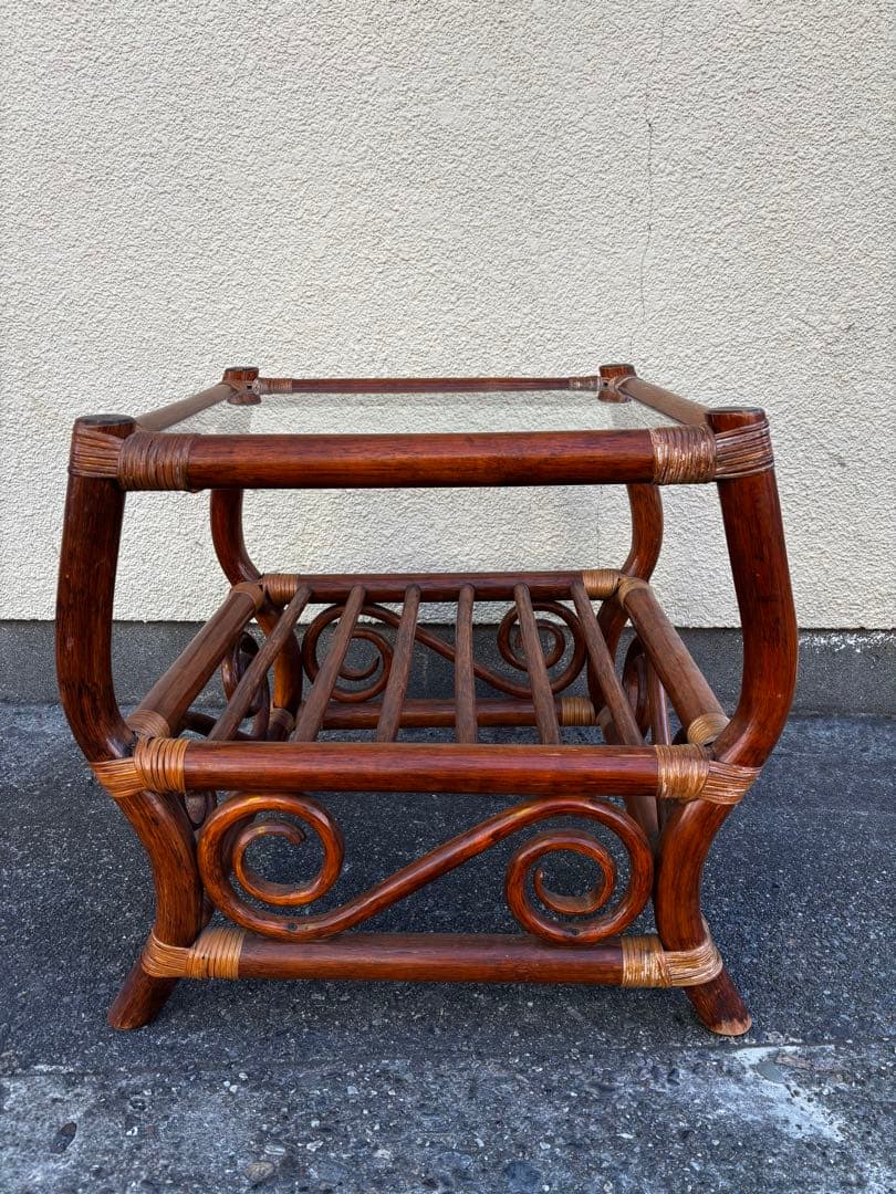 ヴィンテージ　ラタン　ダイニングテーブルセット　ガラステーブル　椅子2脚付き