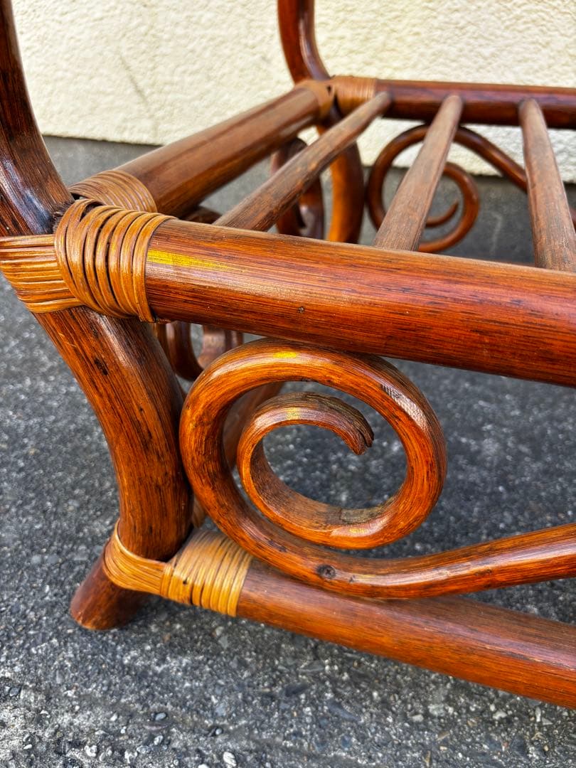 ヴィンテージ　ラタン　ダイニングテーブルセット　ガラステーブル　椅子2脚付き