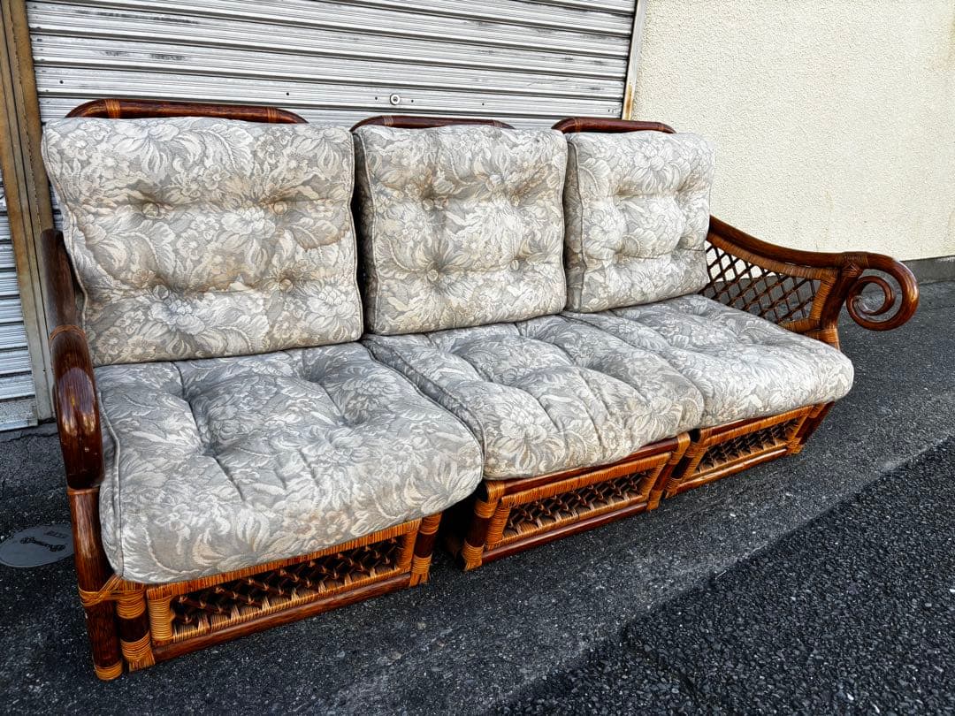 ヴィンテージ　ラタン　ダイニングテーブルセット　ガラステーブル　椅子2脚付き