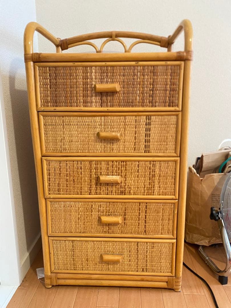 アメリカ輸入　ラタン製　ウッド5段チェスト