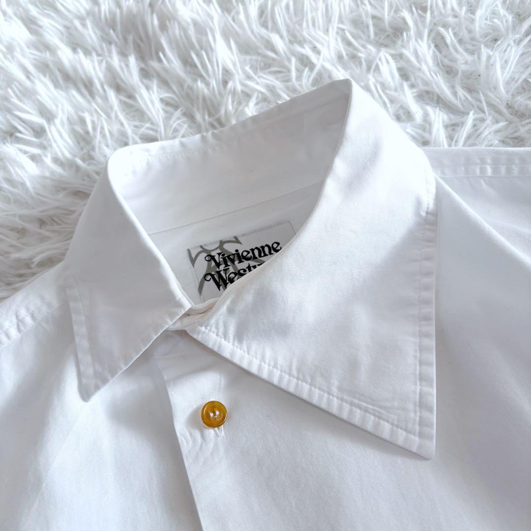 ヴィヴィアンウエストウッドマン 長袖シャツ アシンメトリー 変形 オーブ刺繍 白