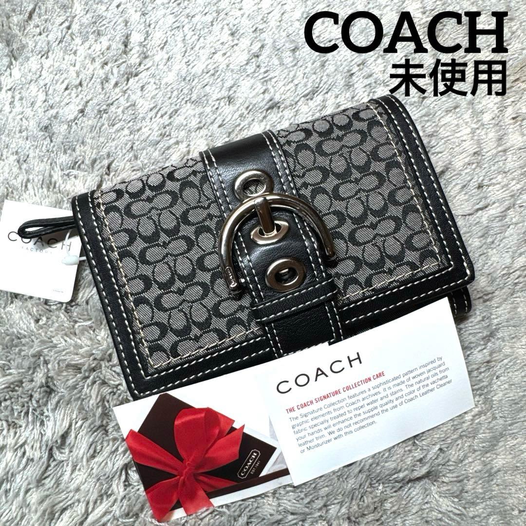 【未使用】COACH コーチ 二つ折り財布 シグネチャー ブラック