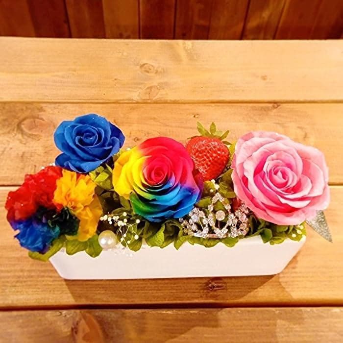 【高級プリザーブドフラワー】レインボーローズ レインボーカーネーションスクエア