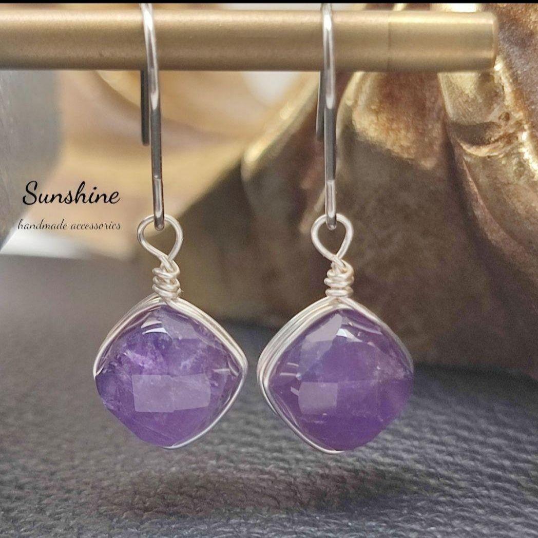 【94】アメジストキューブカット一粒ピアス/イヤリング現品