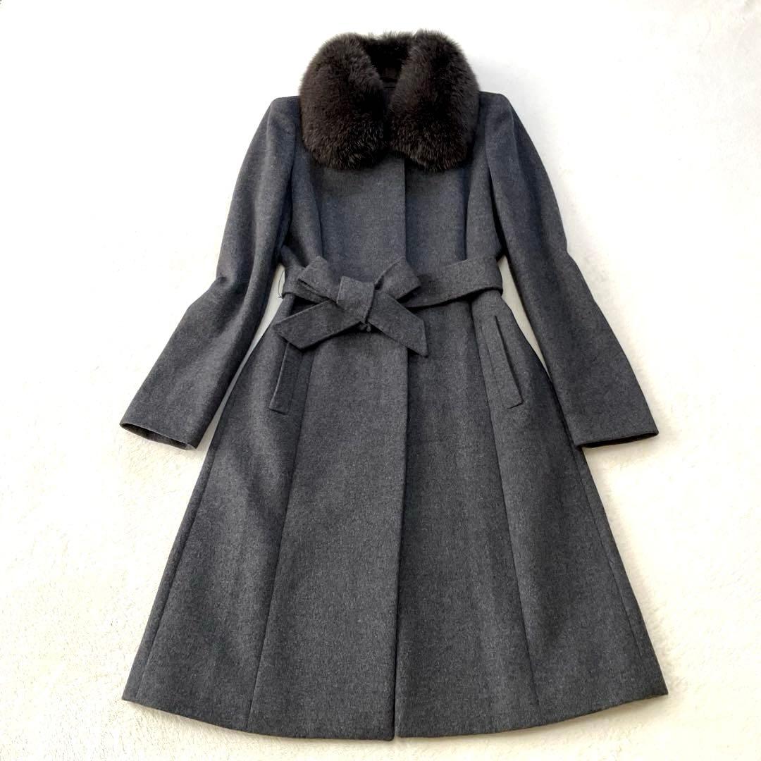 【美品】ANAYI ロングコート アンゴラ混 ブルーフォックス ベルト Ａライン