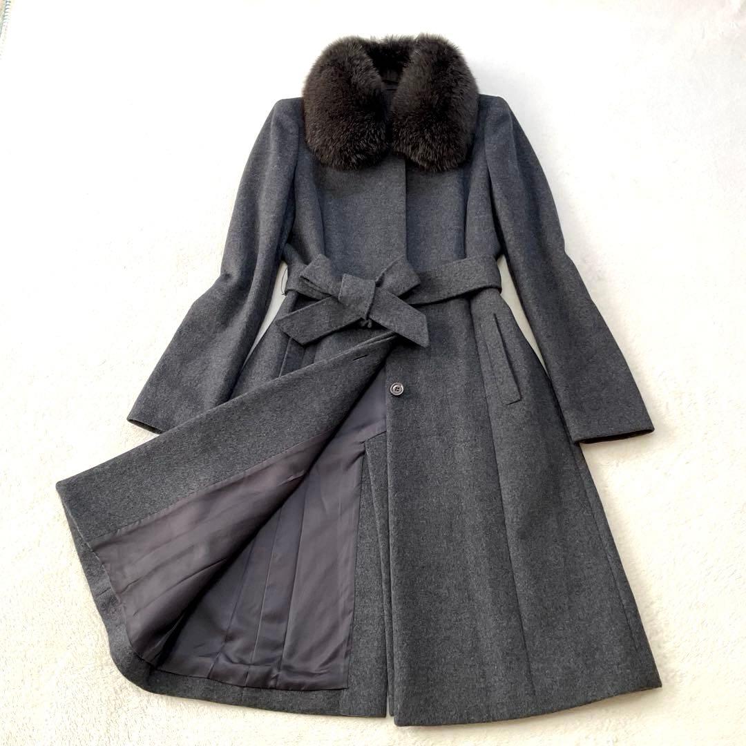 【美品】ANAYI ロングコート アンゴラ混 ブルーフォックス ベルト Ａライン
