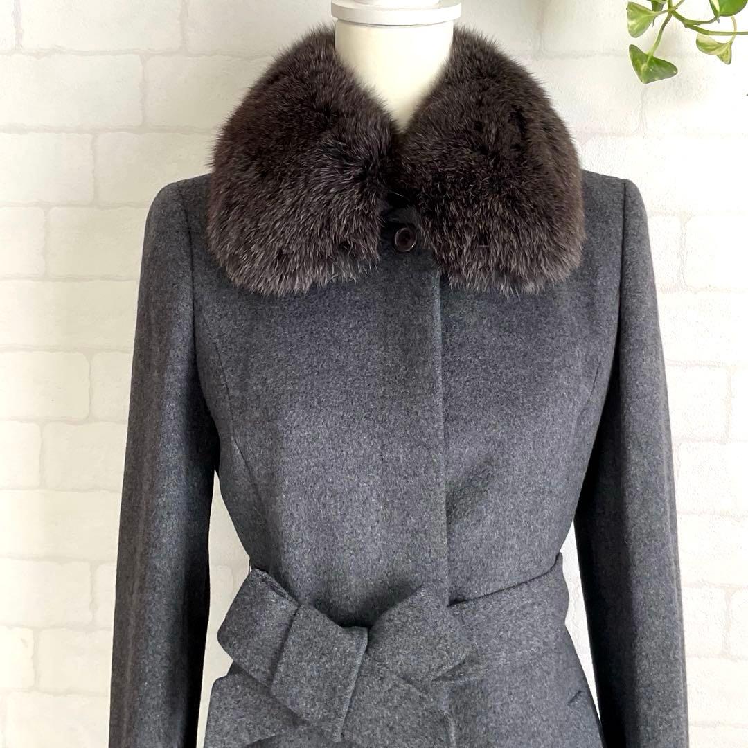 【美品】ANAYI ロングコート アンゴラ混 ブルーフォックス ベルト Ａライン