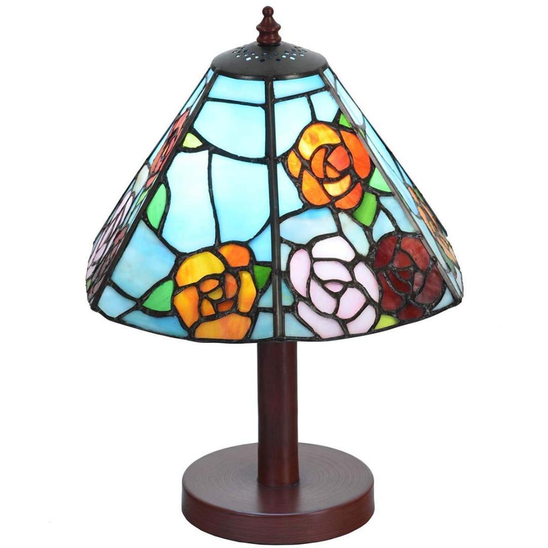 バラが彩る 卓上照明 ステンドグラス 爽やかなブルー