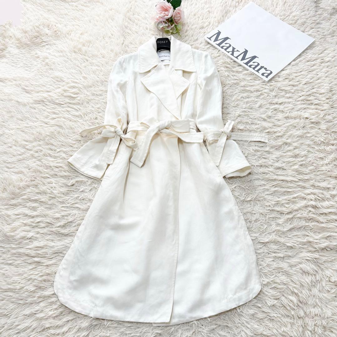 美品✨Max&Co リネンロングトレンチコート　ベルト　リボン　アイボリー　40