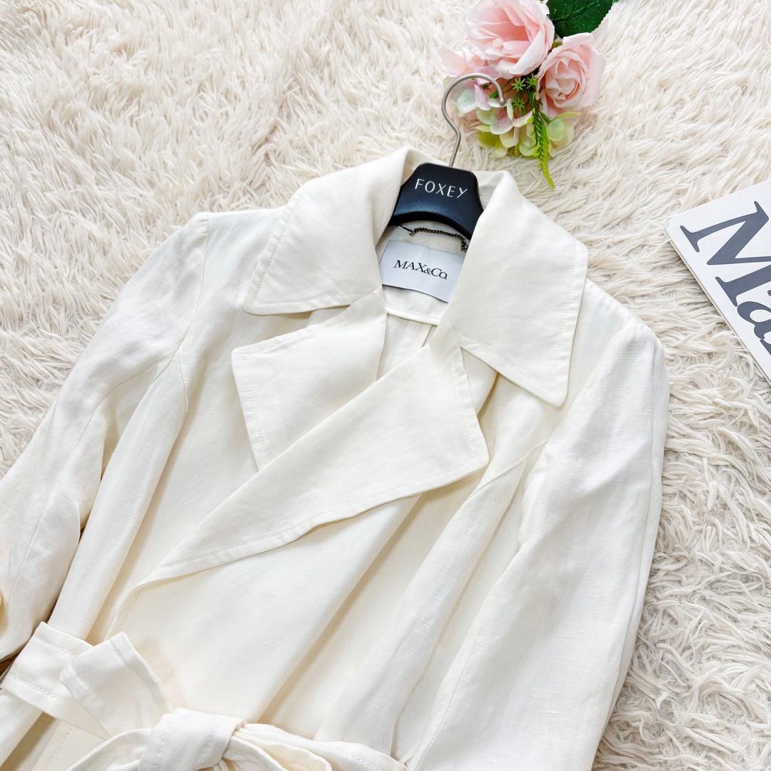 美品✨Max&Co リネンロングトレンチコート　ベルト　リボン　アイボリー　40