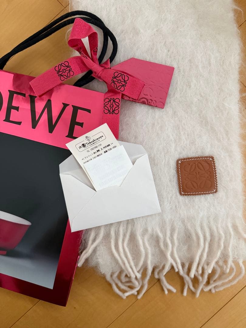 LOEWE ホワイト モヘヤ ウール マフラー フリンジ付き