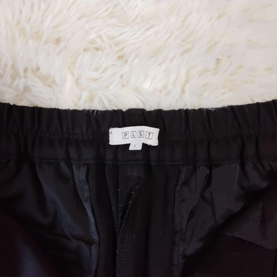 プラステ　パンツスーツ　ノーカラー　セットアップ　洗える　ストレッチ　黒　L