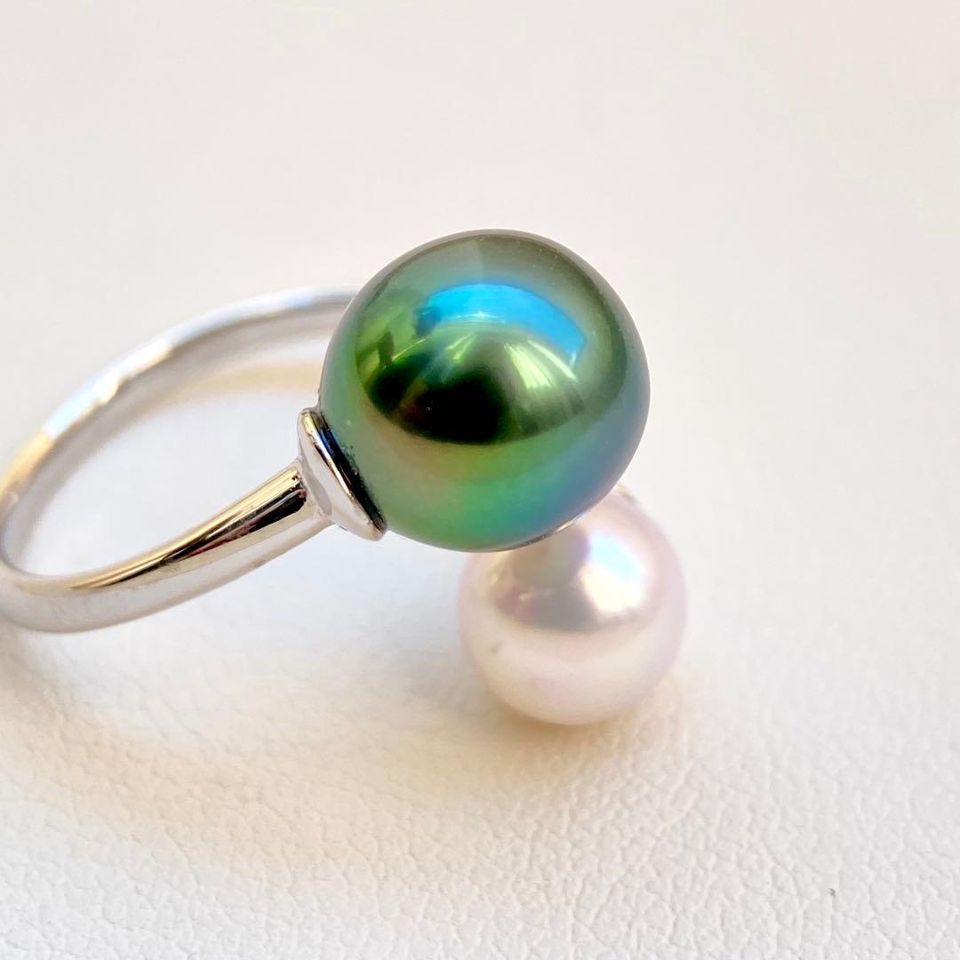 本真珠南洋黒蝶真珠とあこや真珠　ピーコック&ピンク無調ダブルリングY1047