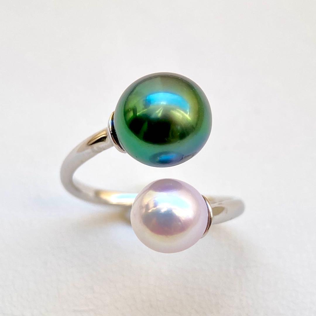 本真珠南洋黒蝶真珠とあこや真珠　ピーコック&ピンク無調ダブルリングY1047
