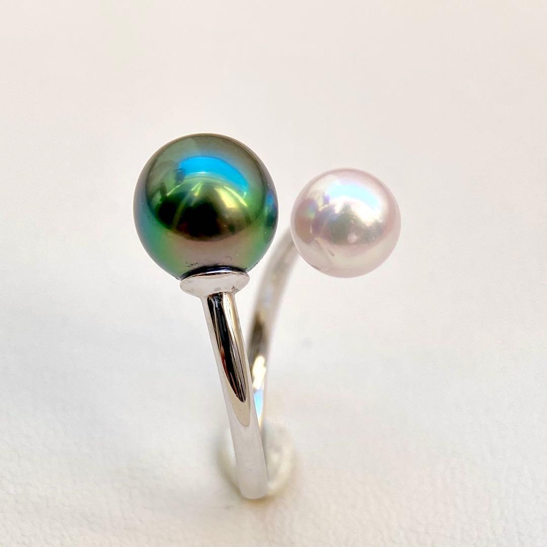 本真珠南洋黒蝶真珠とあこや真珠　ピーコック&ピンク無調ダブルリングY1047