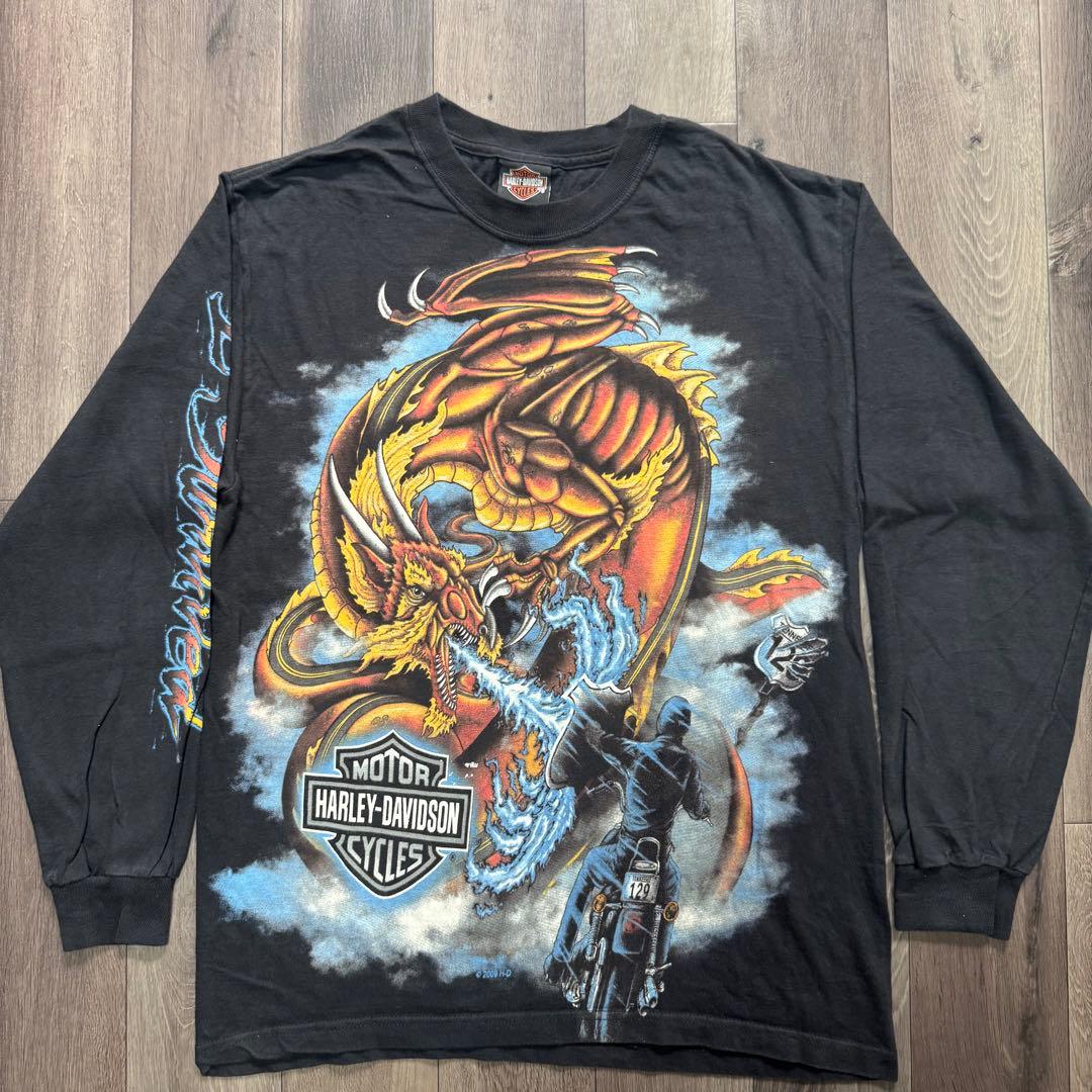 00sUSA製 ハーレーダビッドソン ブラック ドラゴン ブルーフレイム ロンT
