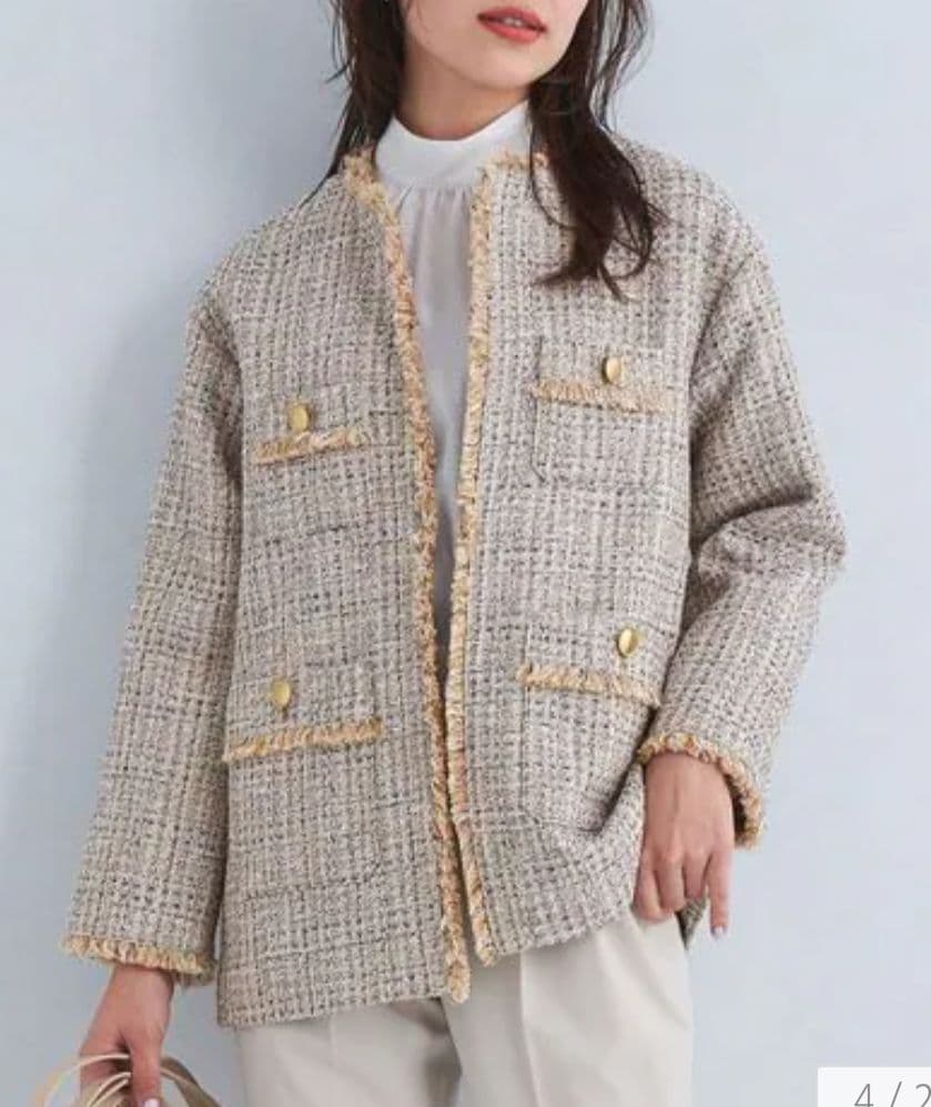 【おらふ】ツイード ポケット ノーカラー ジャケット 38サイズ