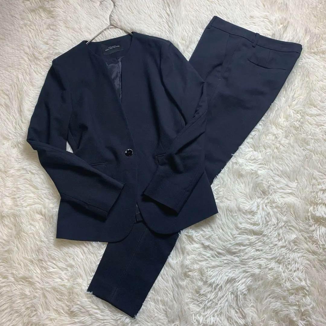 グリーンレーベルリラクシング パンツスーツ ノーカラー ダークネイビー L M紺