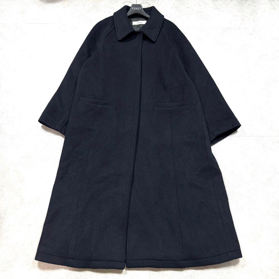 美品/2024年♡アンヌーク ウールステンカラーコート ロング 比翼 濃紺 36