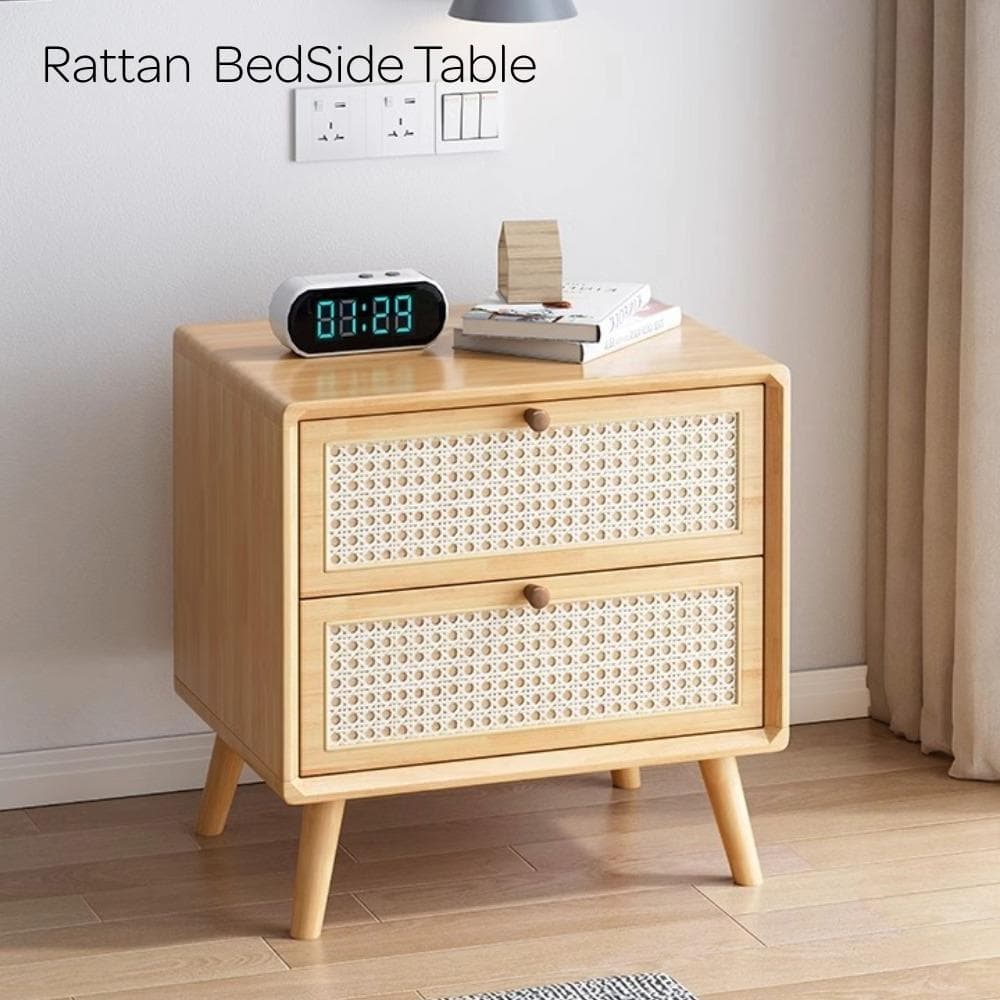 ベッドサイドテーブルラタン無垢材ナイトテーブル木製北欧韓国インテリア収納2段