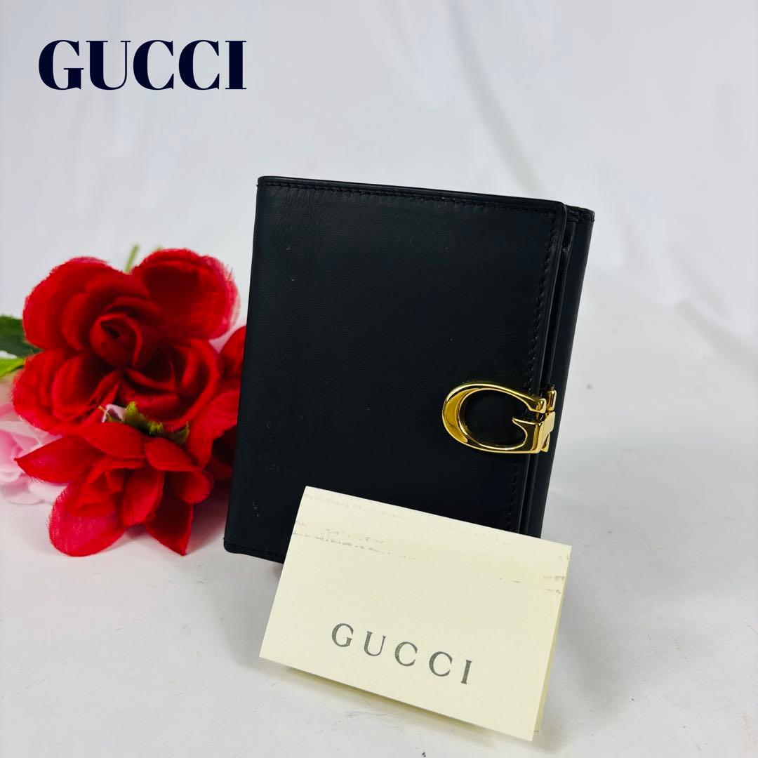 美品　GUCCI　グッチ　二つ折り財布　G金具　レザー　ブラック　レッド