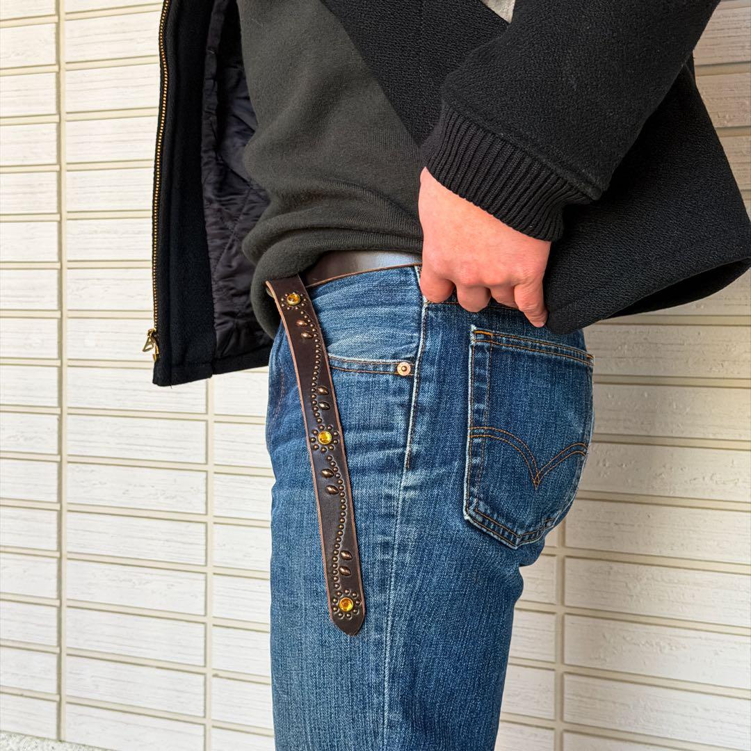 スタッズナローベルトUKサドルフラワーレリック23mm 32inch122cm