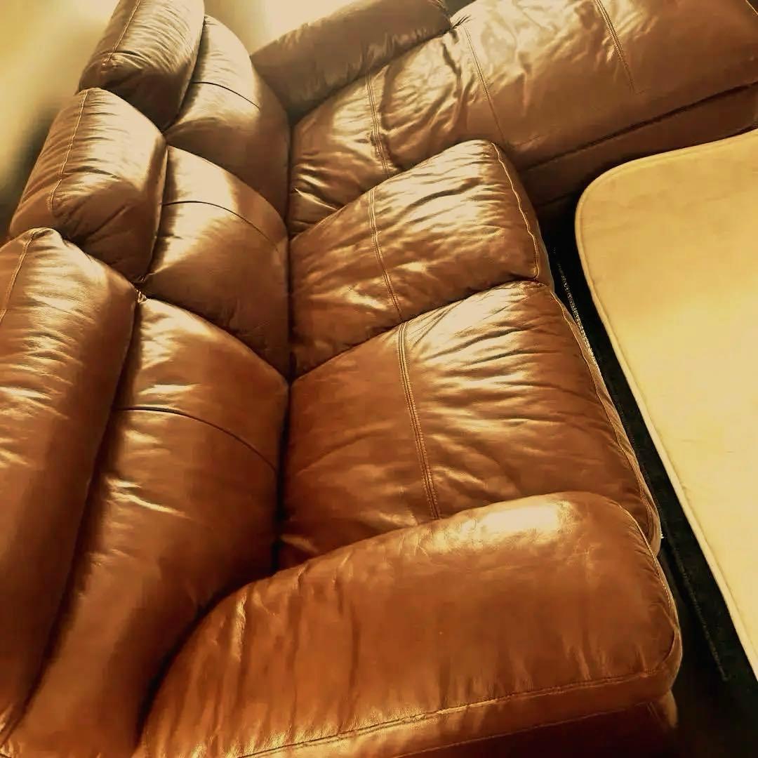 本革 マナベインテリア カウチ型ブラウンレザーソファ 3人掛け