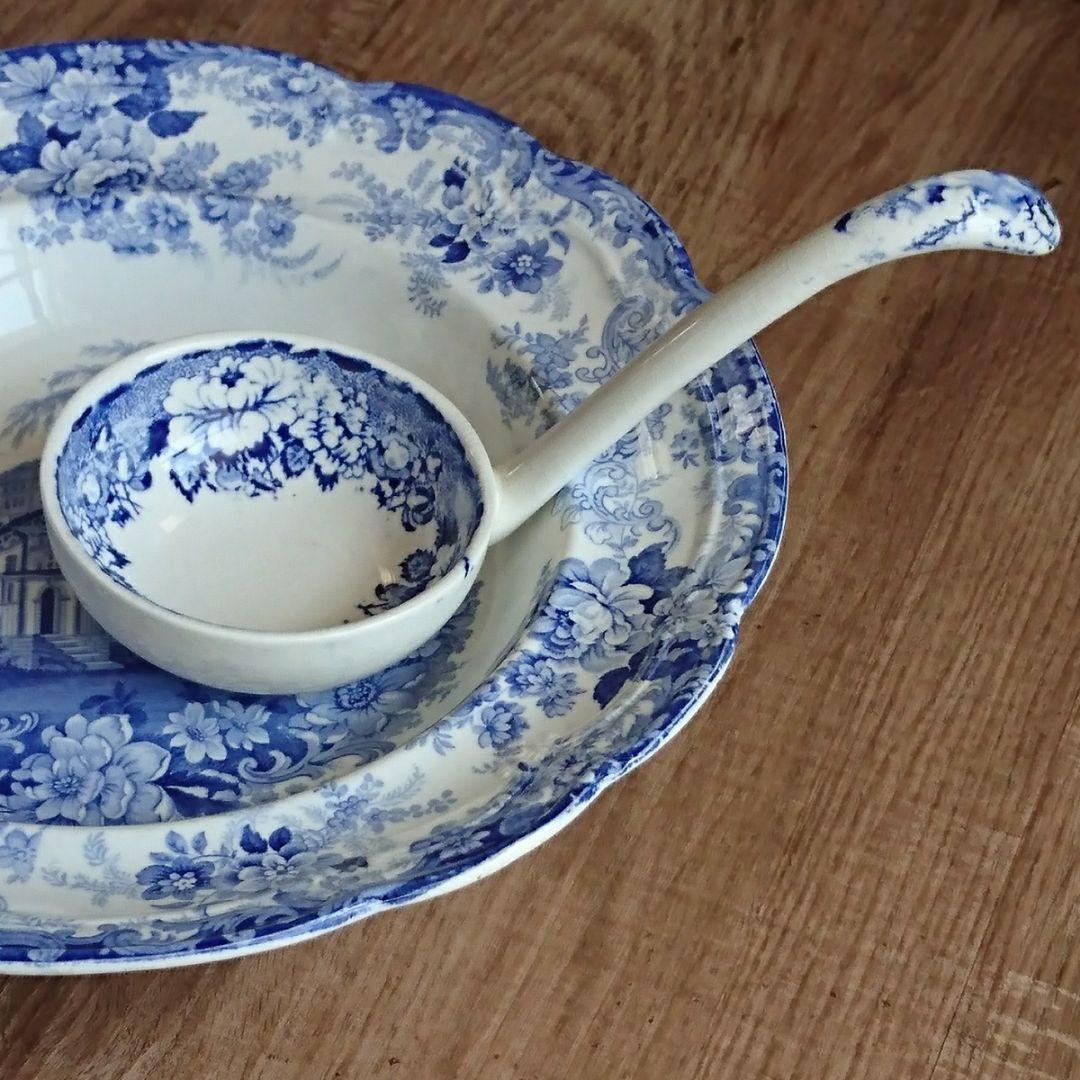 イギリスアンティーク レードル ブルー＆ホワイト ヴィクトリアン