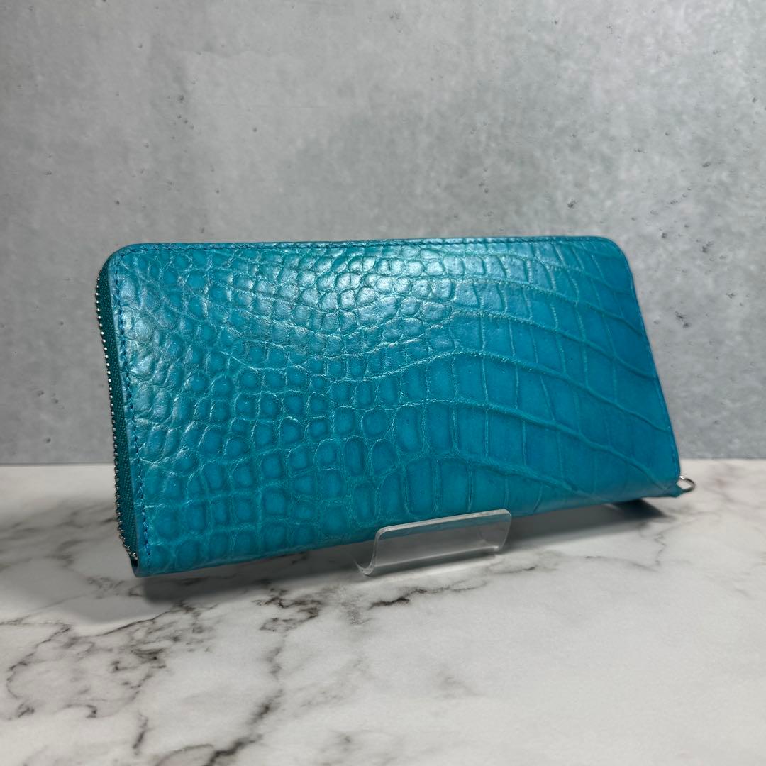 本革 クロコダイル ターコイズ ブルー 長財布 ワニ革 希少 メンズ レディース