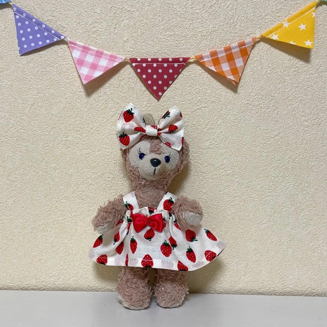 ハンドメイド★ホワイト♡いちごプリントワンピース★ぬいば♡ストラップ用コス