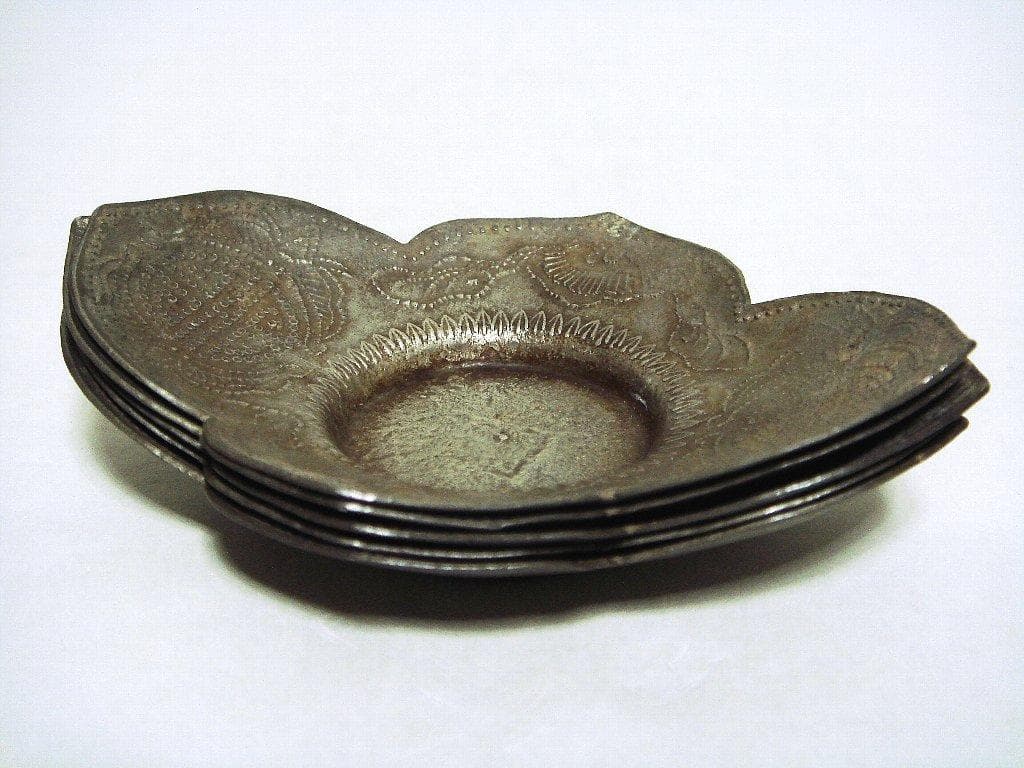 @624『中国美術 古錫 十字紋茶托 ５枚』/骨董品 古美術 古玩 アンティーク