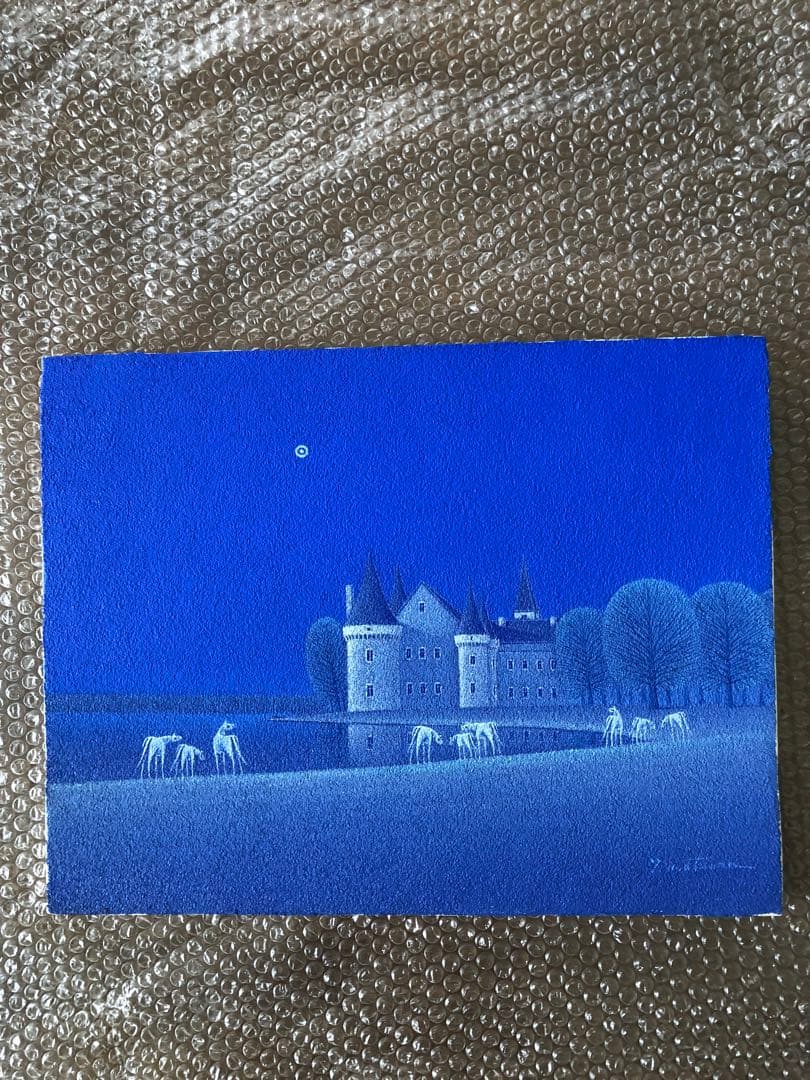 肉筆油彩画　松浦敬文　水辺の城　額付きF-6号　サイン入り